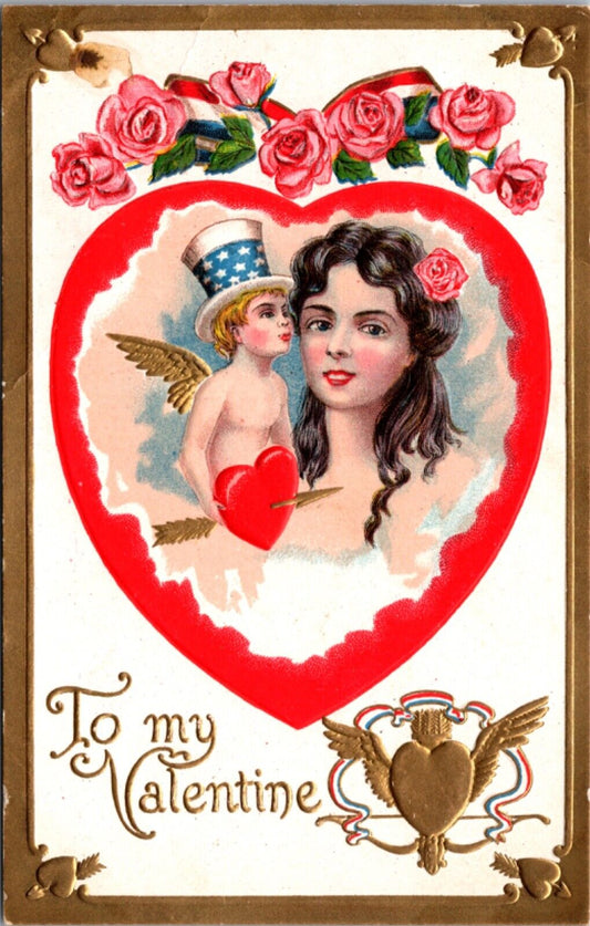 Valentine's Day Postcard Patriotic Cupid Cherub Kissing Woman Heart Gold Arrow