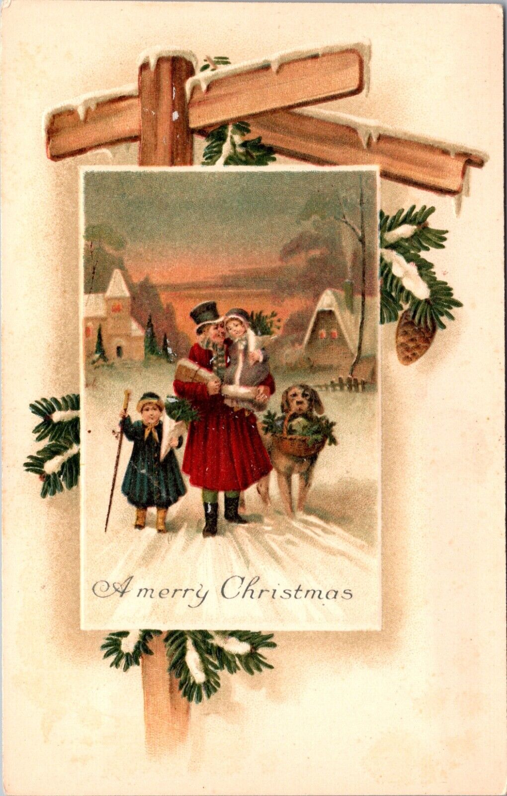 Christmas Postcard Family Walking Through the Snow Man Two Kids Dog Village Town