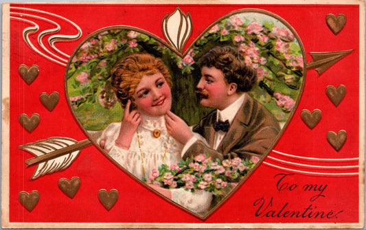 Valentine Postcard Man and Woman with Cherry Blossoms Inside Heart Arrow Through