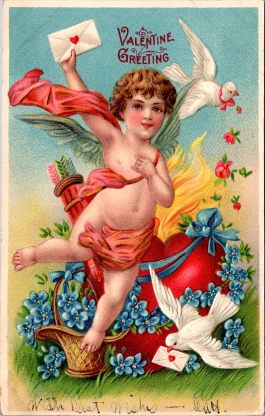 Valentine's Day Postcard Cupid Cherub White Doves Arrows Heart on Fire Envelope