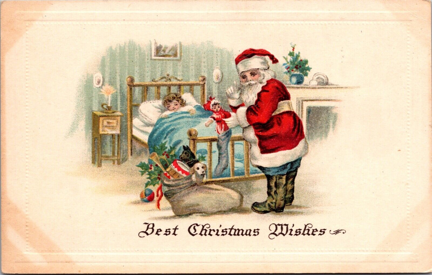 Christmas Postcard Santa Claus Filling Stockings Foot of Sleeping Girls Bed~3738