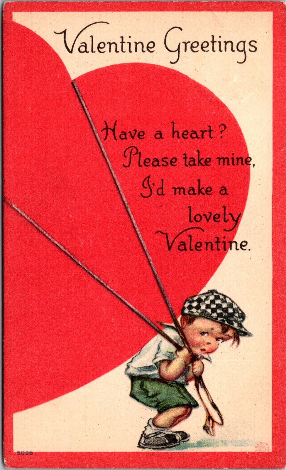 Valentine Postcard Little Boy Pulling Carrying a Giant Heart on Back with Ropes