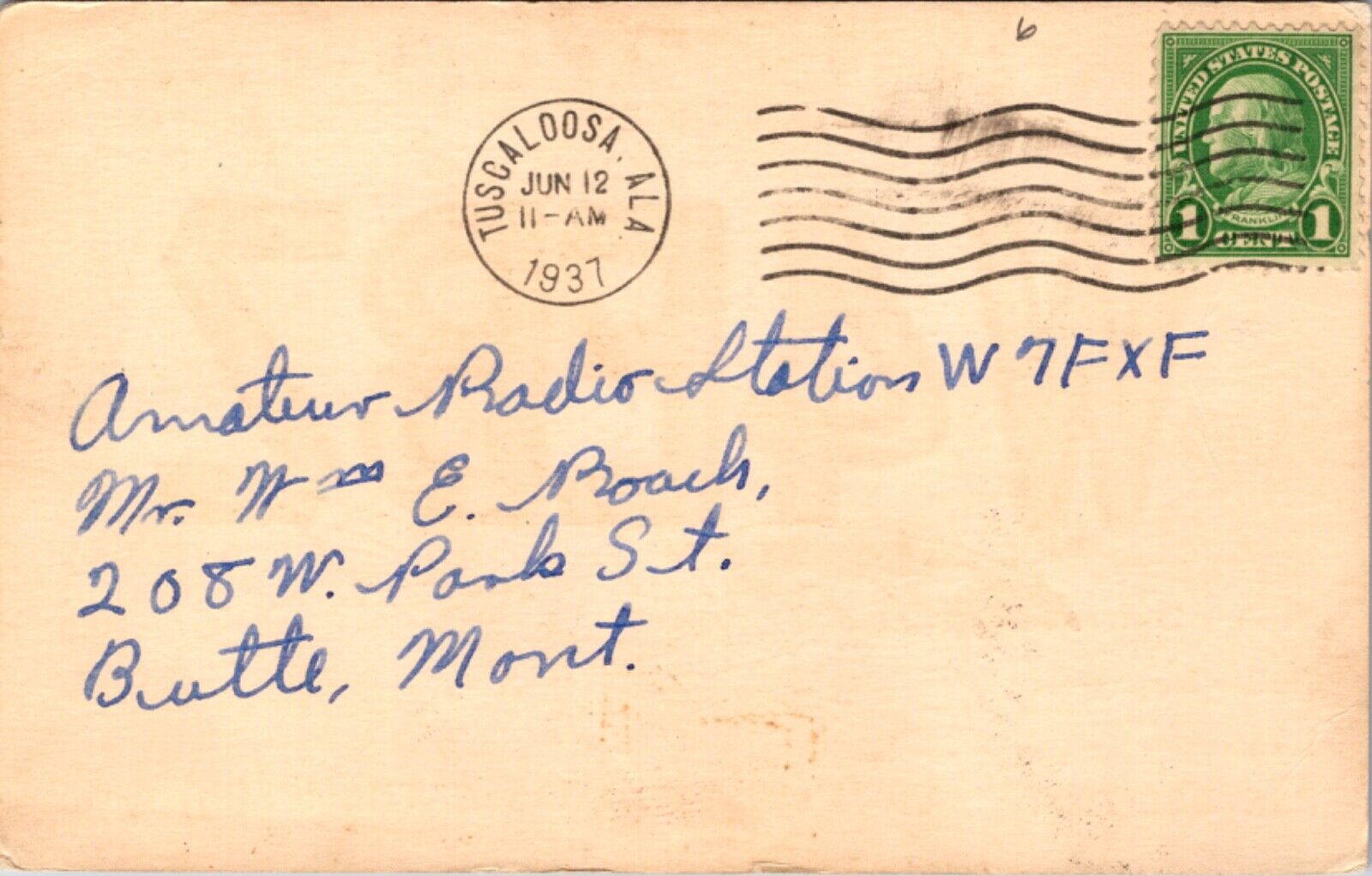 1937 Postcard Ham Radio QSL Call Card Tuscaloosa Alabama W7FXF W4EBZ