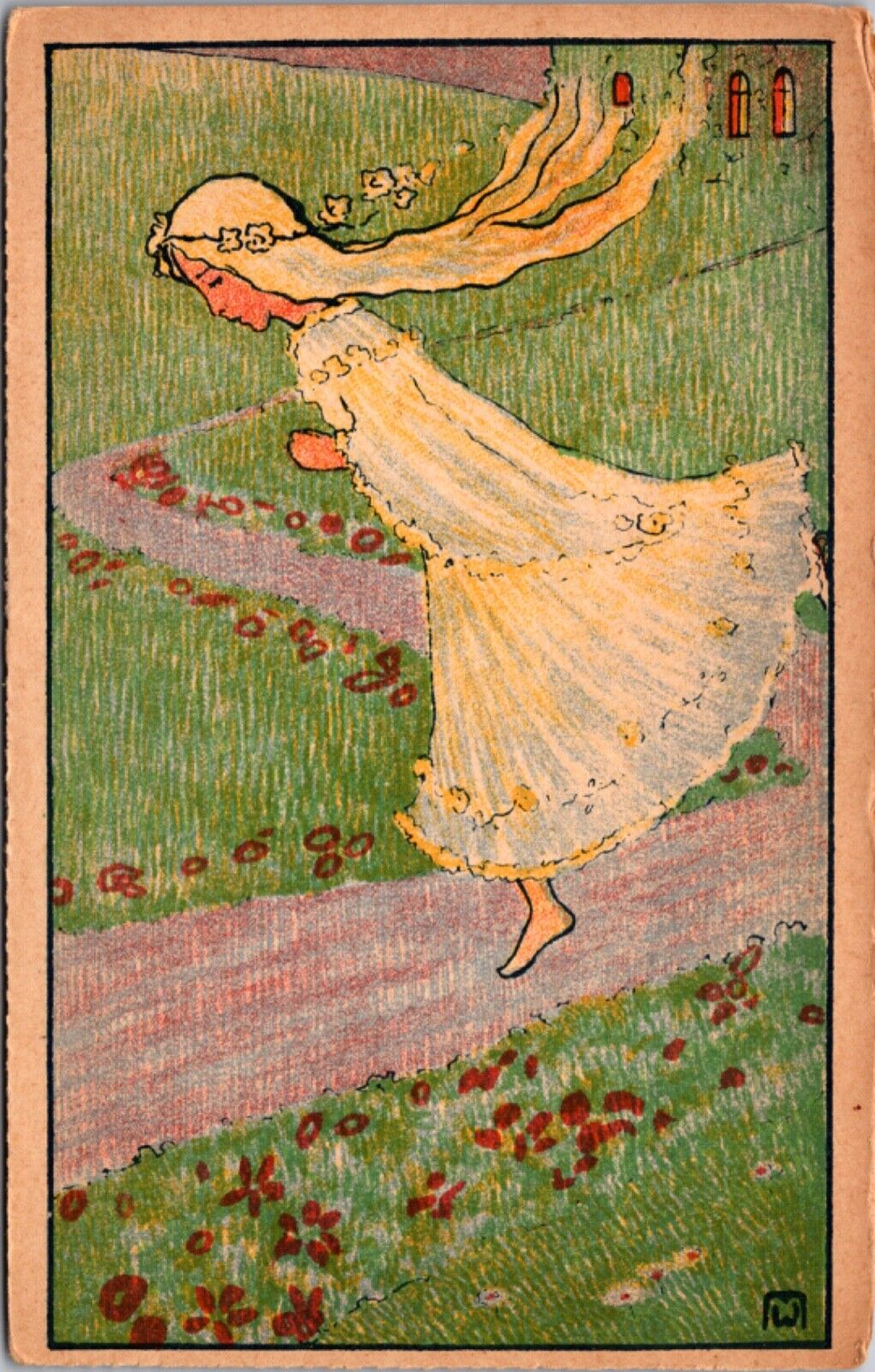 Artwork Postcard Young Girl Running Through A Garden