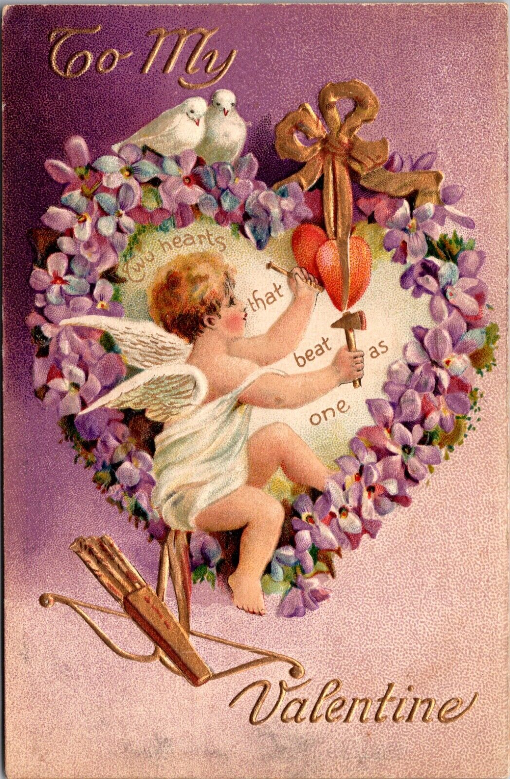 Valentine PC Cherub Cupid Two Hearts Beat As One White Doves Hearts Flowers