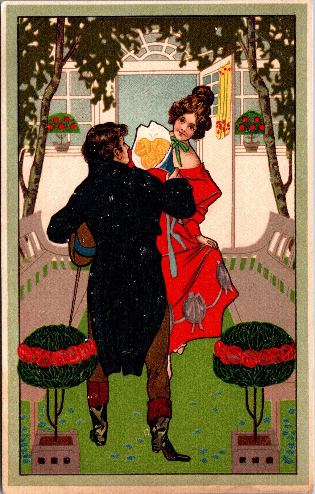 Artwork Postcard Well Dressed Victorian Man Bringing Woman Yellow Roses