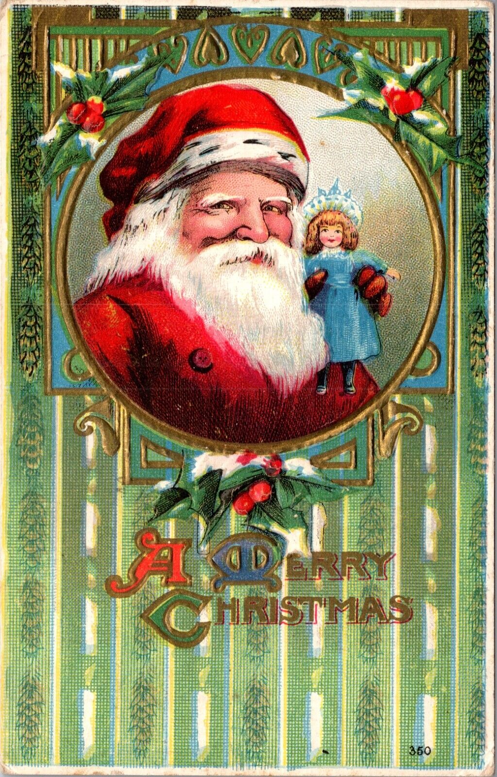 Christmas Postcard Portrait of Santa Claus Holding a Doll