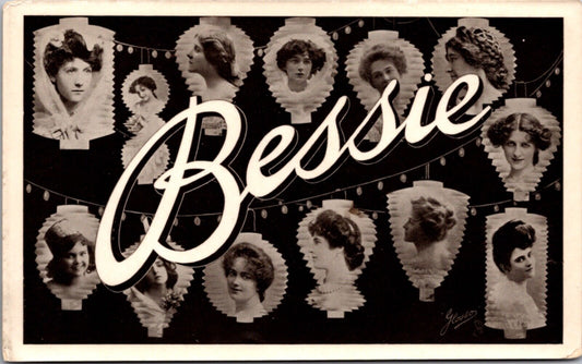 RPPC Large Letter Greetings of the Name Bessie Women's Faces Chinese Lanterns