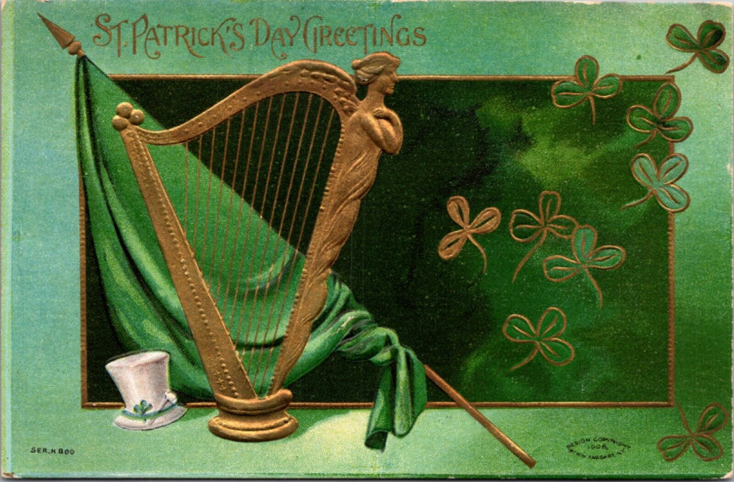 St. Patrick's Day Greetings Postcard Celtic Harp, Clovers, Green Flag, Top Hat