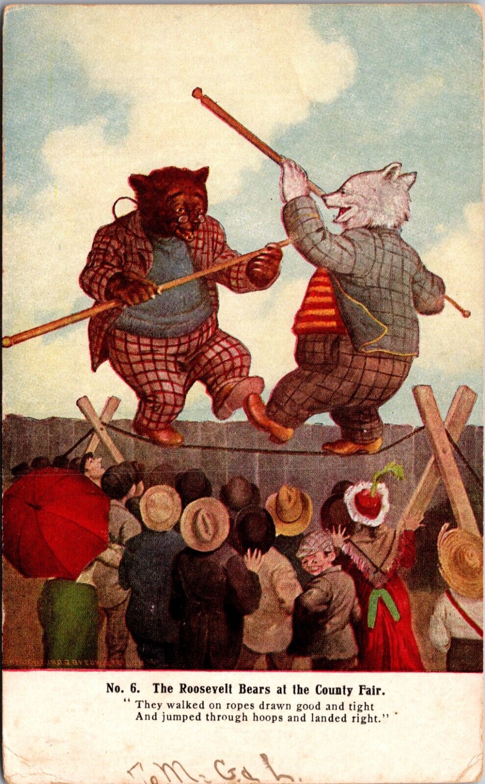 Artist Postcard No. 6 The Roosevelt Bears at the County Fair Walking Tightrope