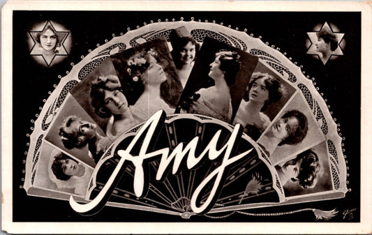 RPPC Large Letter Greetings of the Name Amy Women's Faces Inside Folding Fan