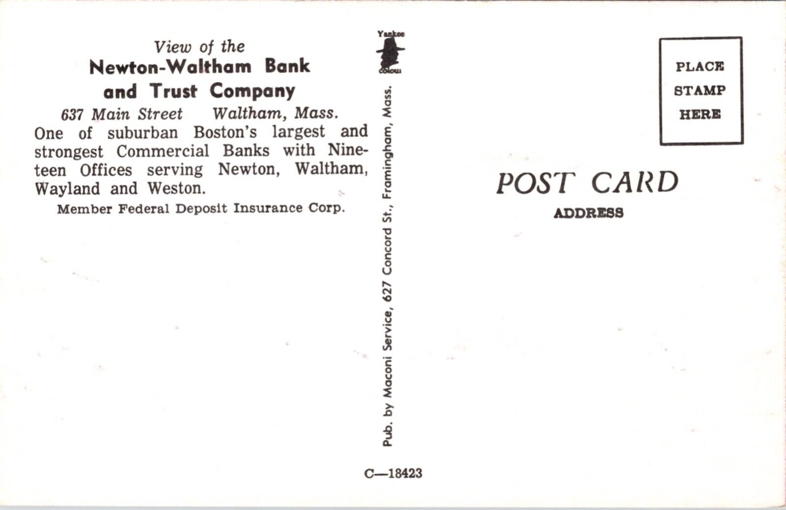 Advertising Postcard Newton-Waltham Bank and Trust Co Waltham, Massachusetts