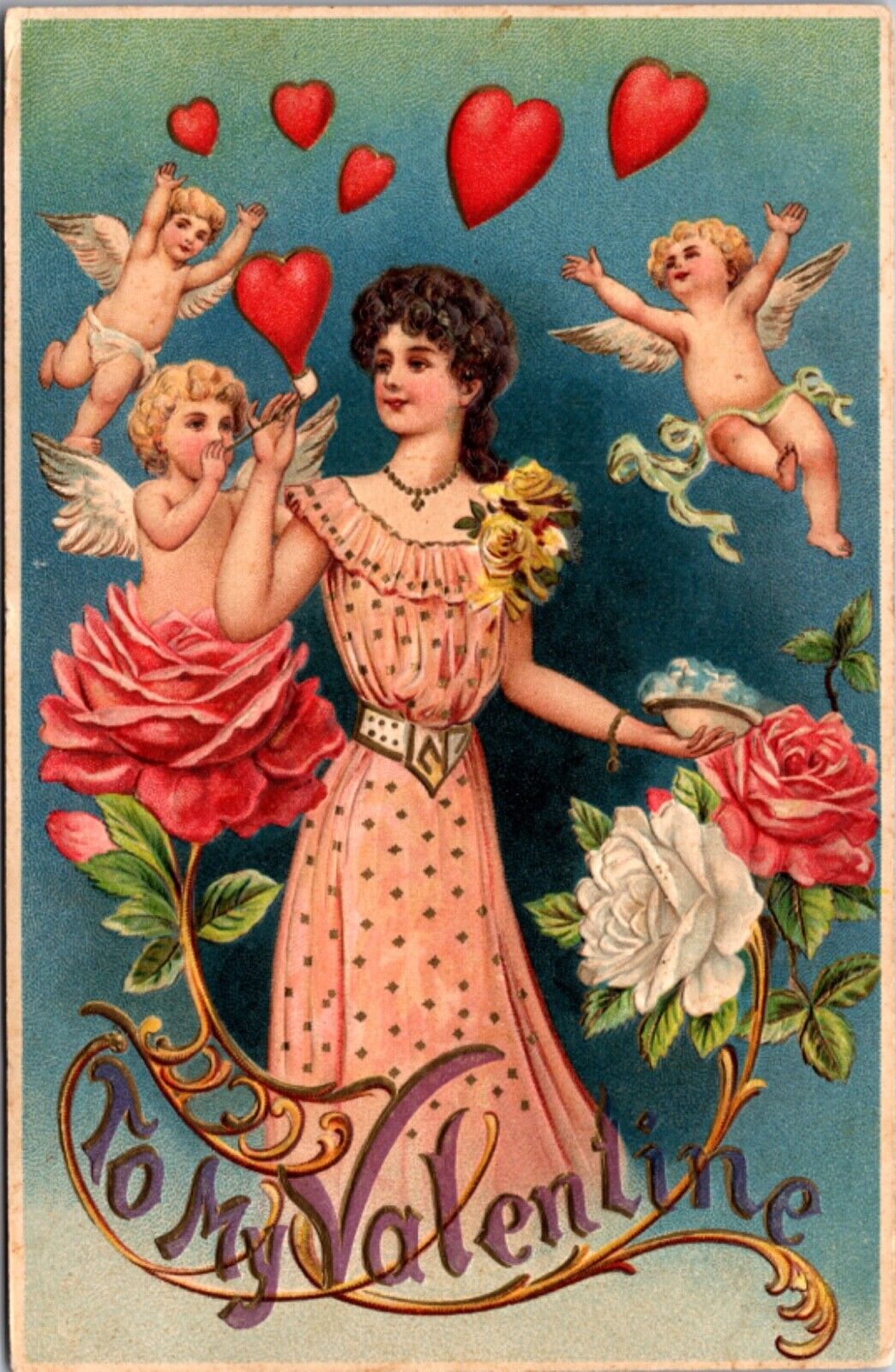 Valentine PC Woman Grabbing Heart Bubbles Blown by Cherub Angel Cupid Roses