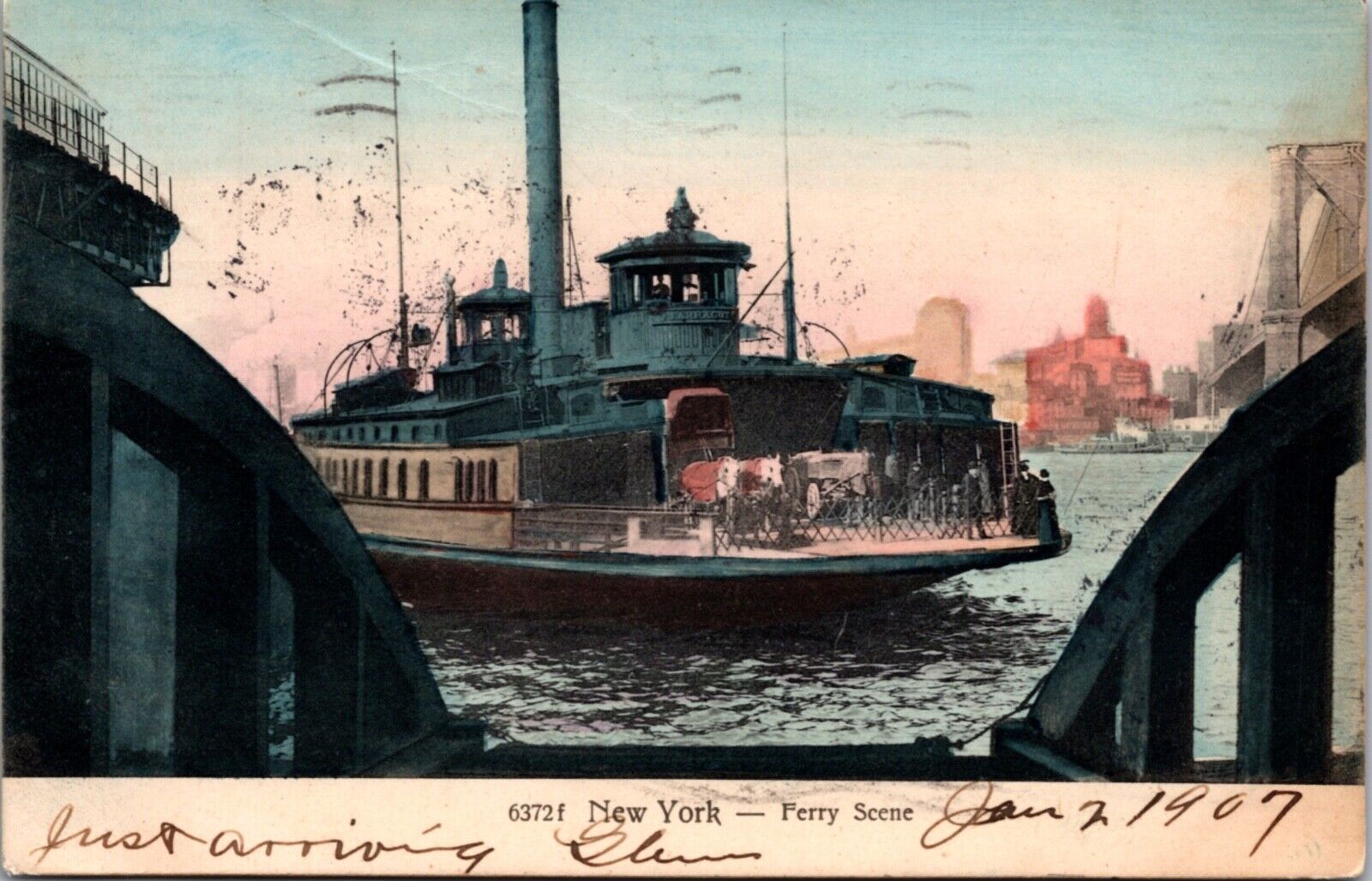 1907 Hand Colored Postcard Ferry Scene in New York