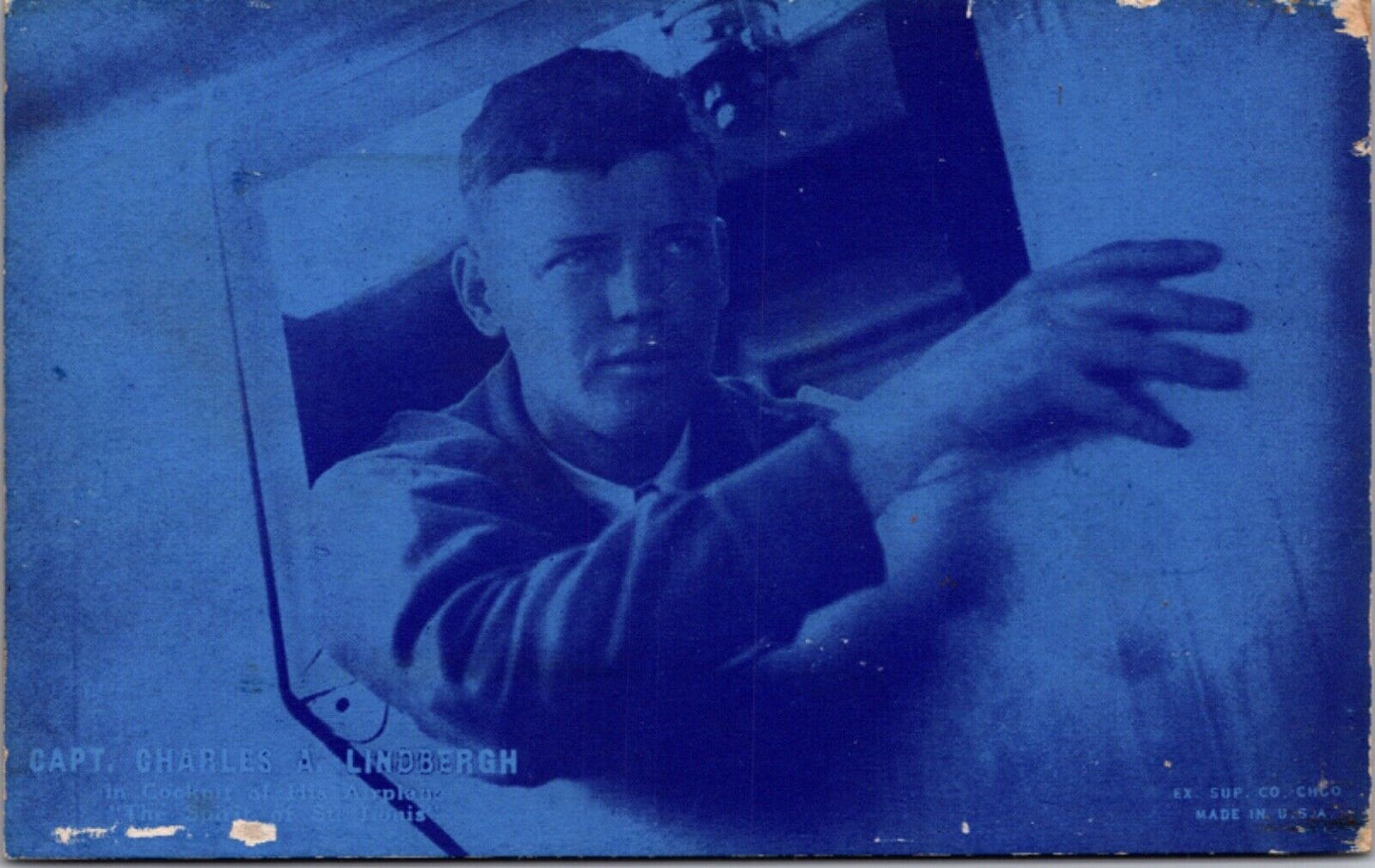 Blue Postcard Captain Charles A. Lindbergh Cockpit of Spirit of St. Louis Plane