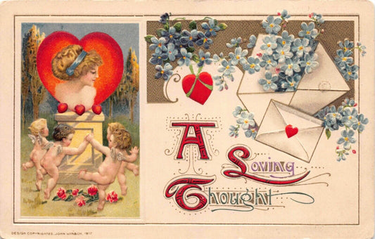 Winsch Valentine's Day PC Cherub Cupid Woman Heart Love Letters Flowers~126408