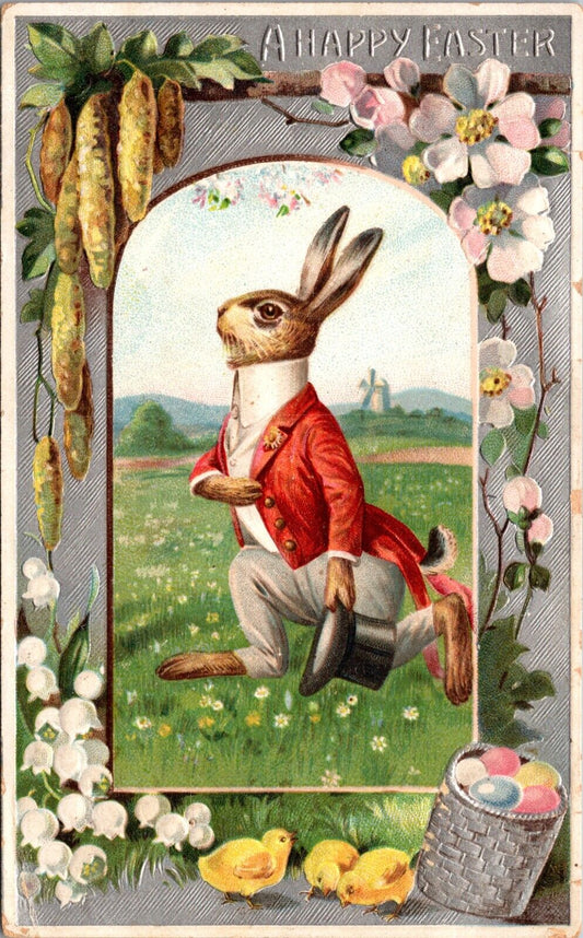 Easter Postcard Dressed Bunny Rabbit Running Through Field, Flowers, Colored Egg