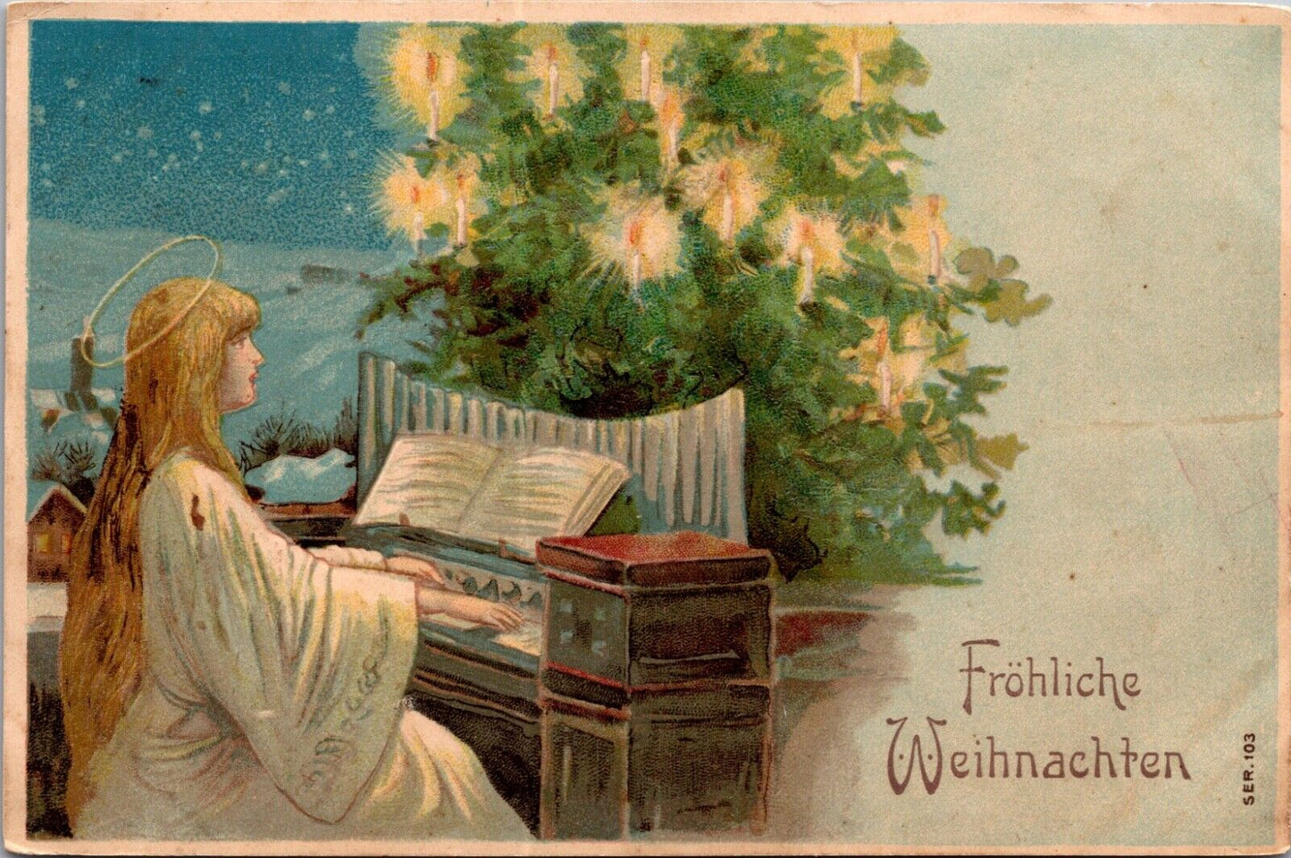 Christmas Postcard Angel Playing Piano Candlelit Tree Frohliche Weihnachten