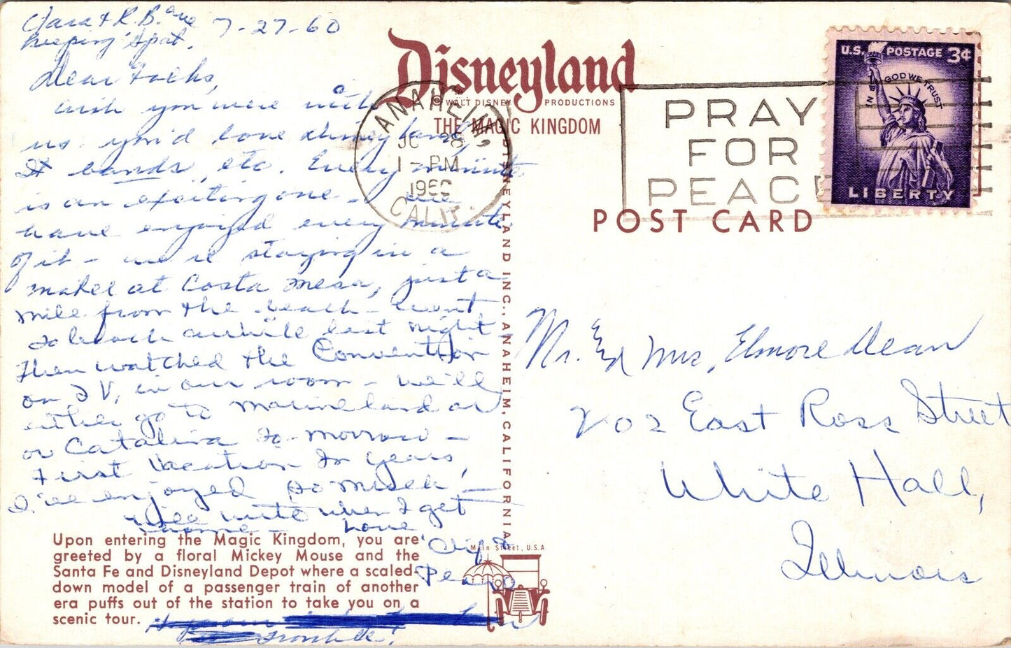 Disneyland Entrance Postcard Floral Mickey Mouse Santa Fe Train Dept Main Street