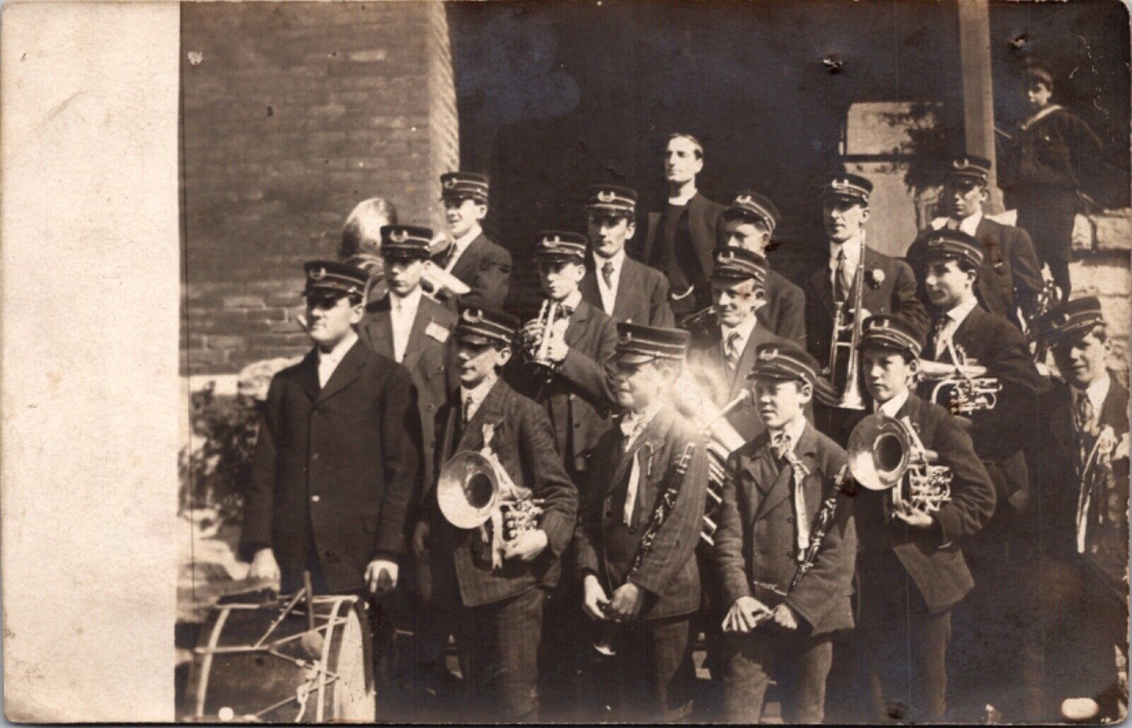 Real Photo Postcard Young Boy Children and Adult Band in Menominee, Wisconsin