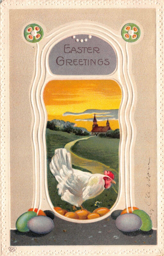 Easter Postcard Chicken with Eggs~130218