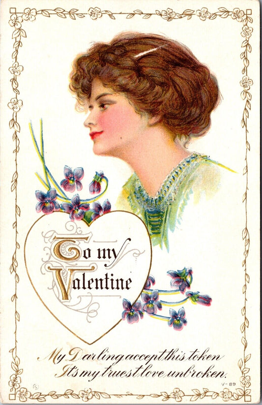 Valentine Postcard Portrait of Woman with Purple Flowers