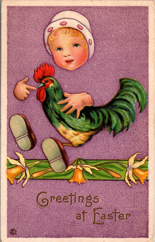 Easter Postcard Baby Disappearing Body Holding a Rooster