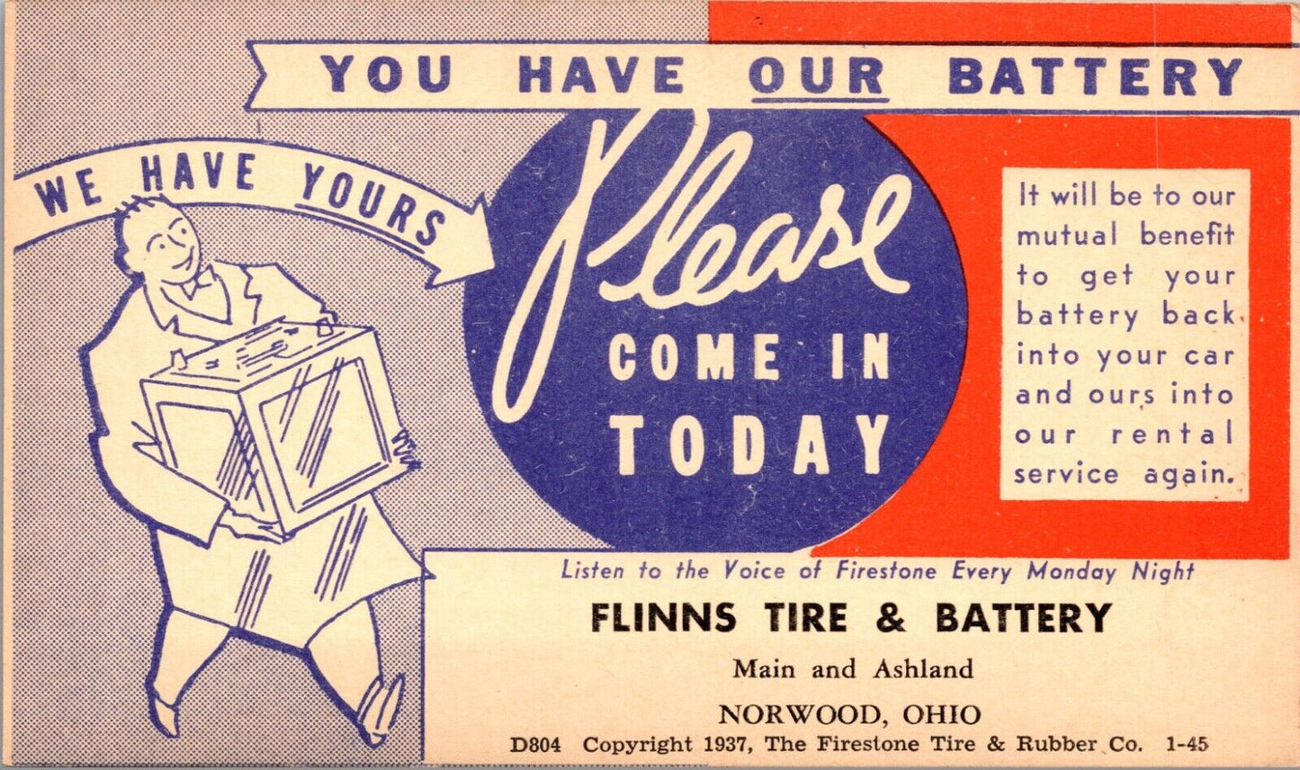 1937 Advertising Postcard Flinns Tire & Battery Main and Ashland in Norwood Ohio