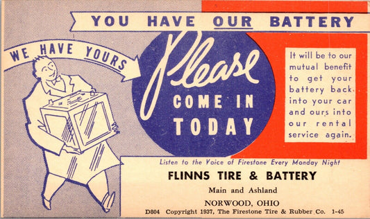 1937 Advertising Postcard Flinns Tire & Battery Main and Ashland in Norwood Ohio