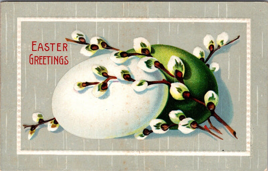 Easter Postcard Green Colored Egg Alongside White Egg with Pussy Willow