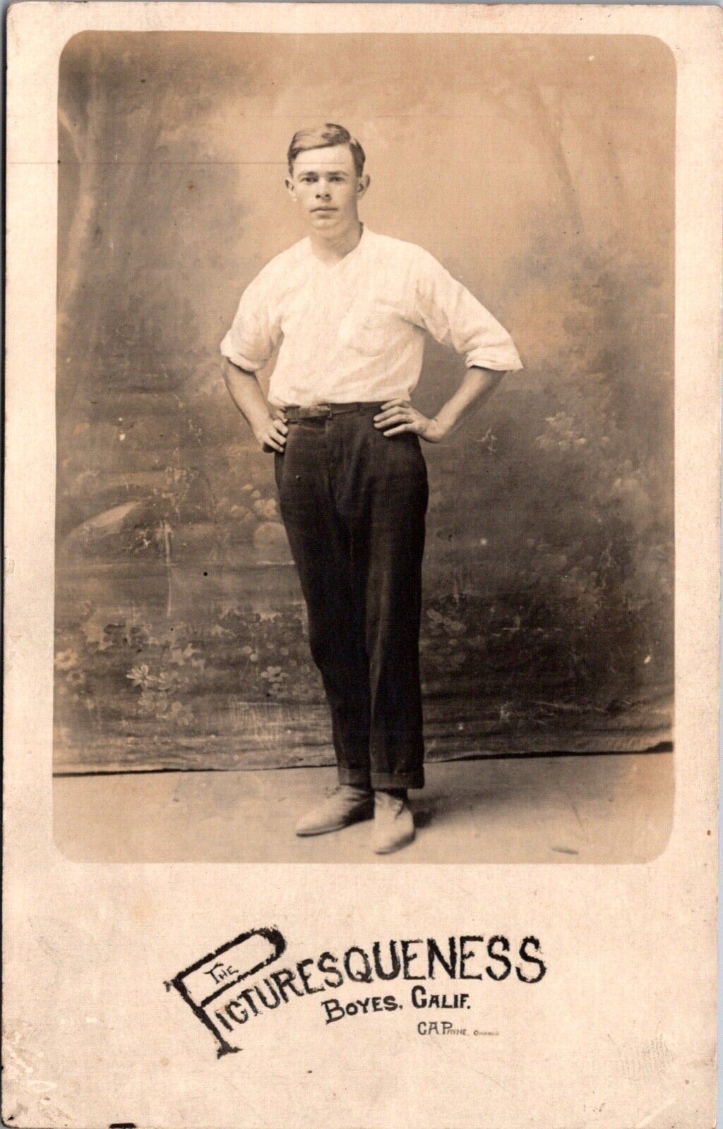 Real Photo Studio Postcard Young Man The Picturesqueness in Boyes, California