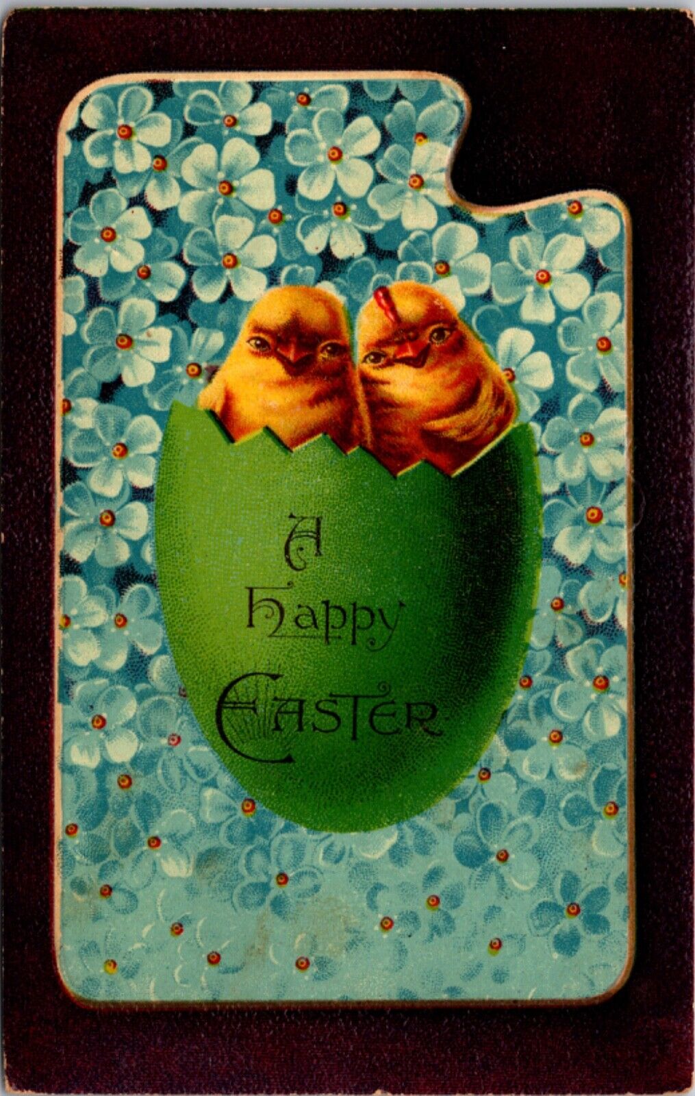 Easter PC Two Chicks Sitting in Green Colored Egg Shell Forget-Me-Not Flowers