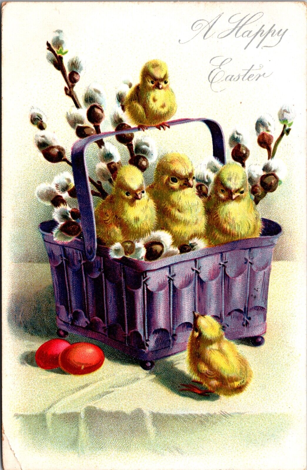 Easter Postcard Chicks, Pussy Willow, Colored Eggs in Purple Basket