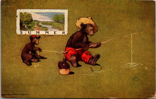 1906 Artwork Postcard Summer Dressed Bears Fishing