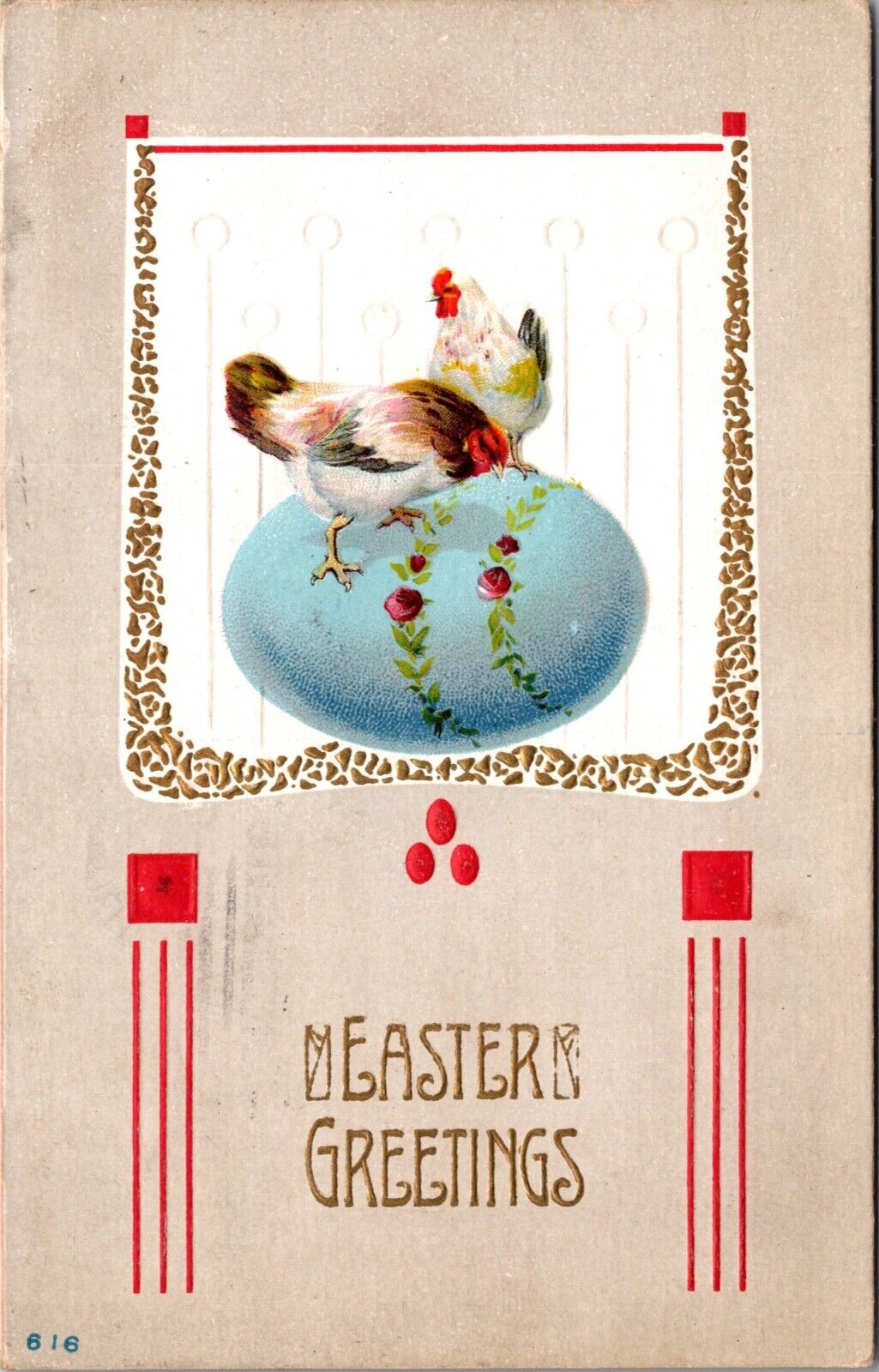 Six Embossed Easter Postcards Chicken and Roosters Standing on Colored Eggs