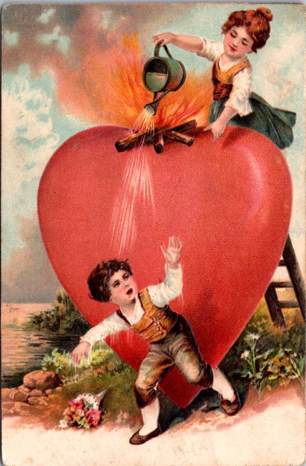 Valentine Postcard Girl Pouring Water on Boy While Lighting a Heart on Fire