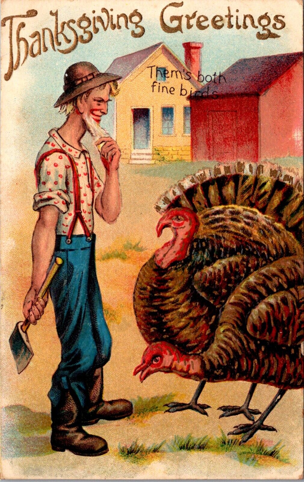 Thanksgiving Postcard Goofy Old Man Holding Axe Looking at Turkey's