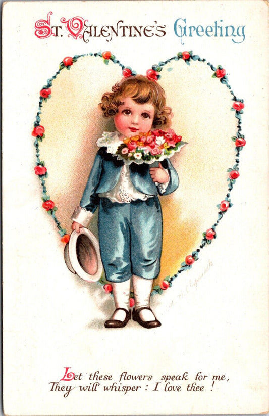 Valentine Clapsaddle Postcard Little Boy Holding Bouquet of Flowers