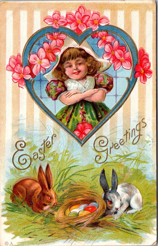 Embossed Easter Postcard Little Girl Bunny Rabbit Colored Eggs Pink Flowers