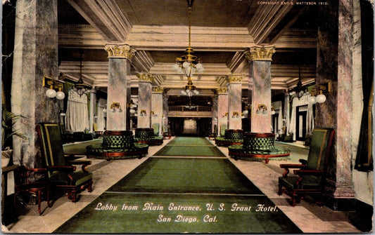 Two Postcards Lobby Entrance U.S. Grant Hotel in San Diego, California~139849