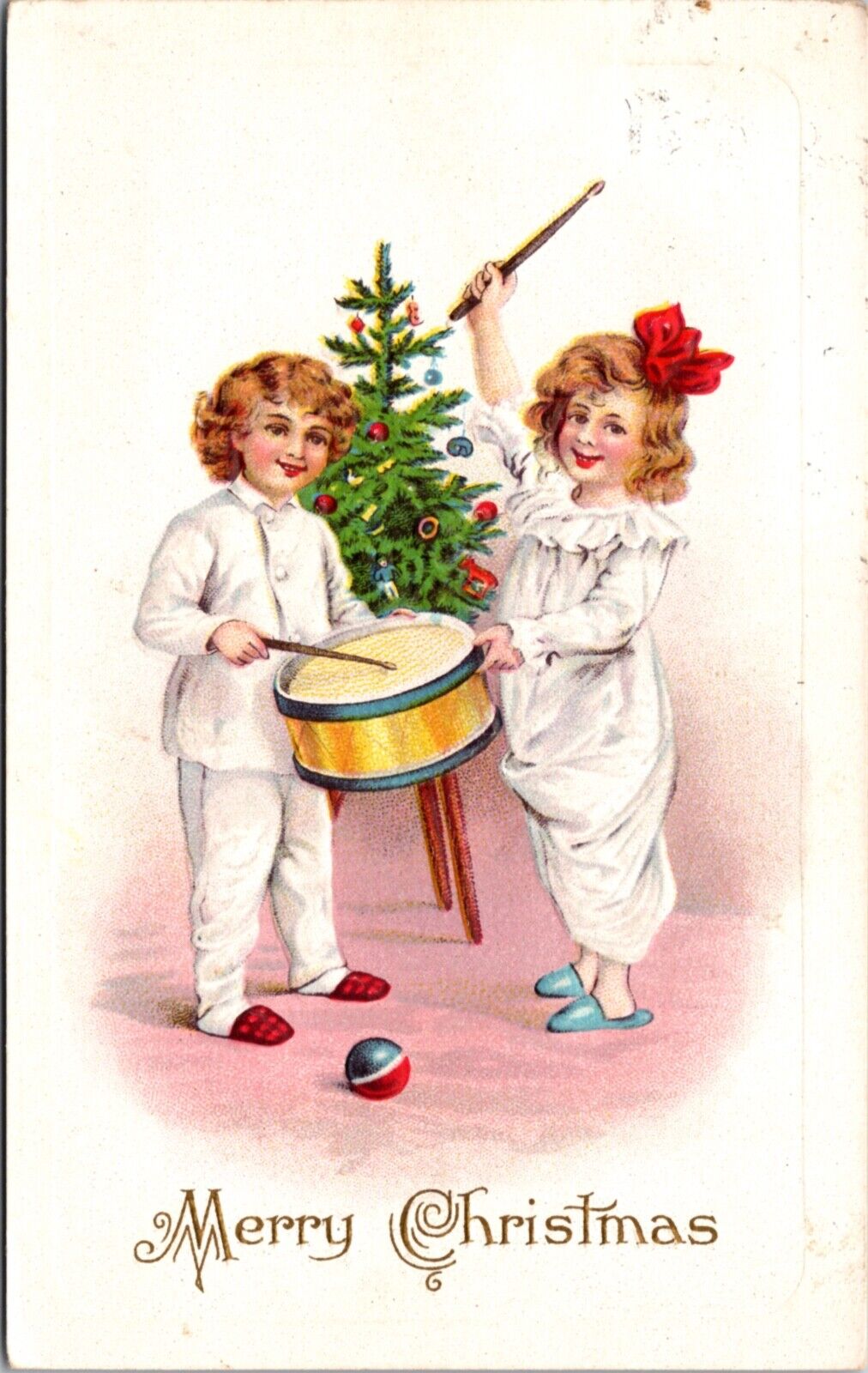 Christmas Postcard Two Children Playing a Drum Tree Ball