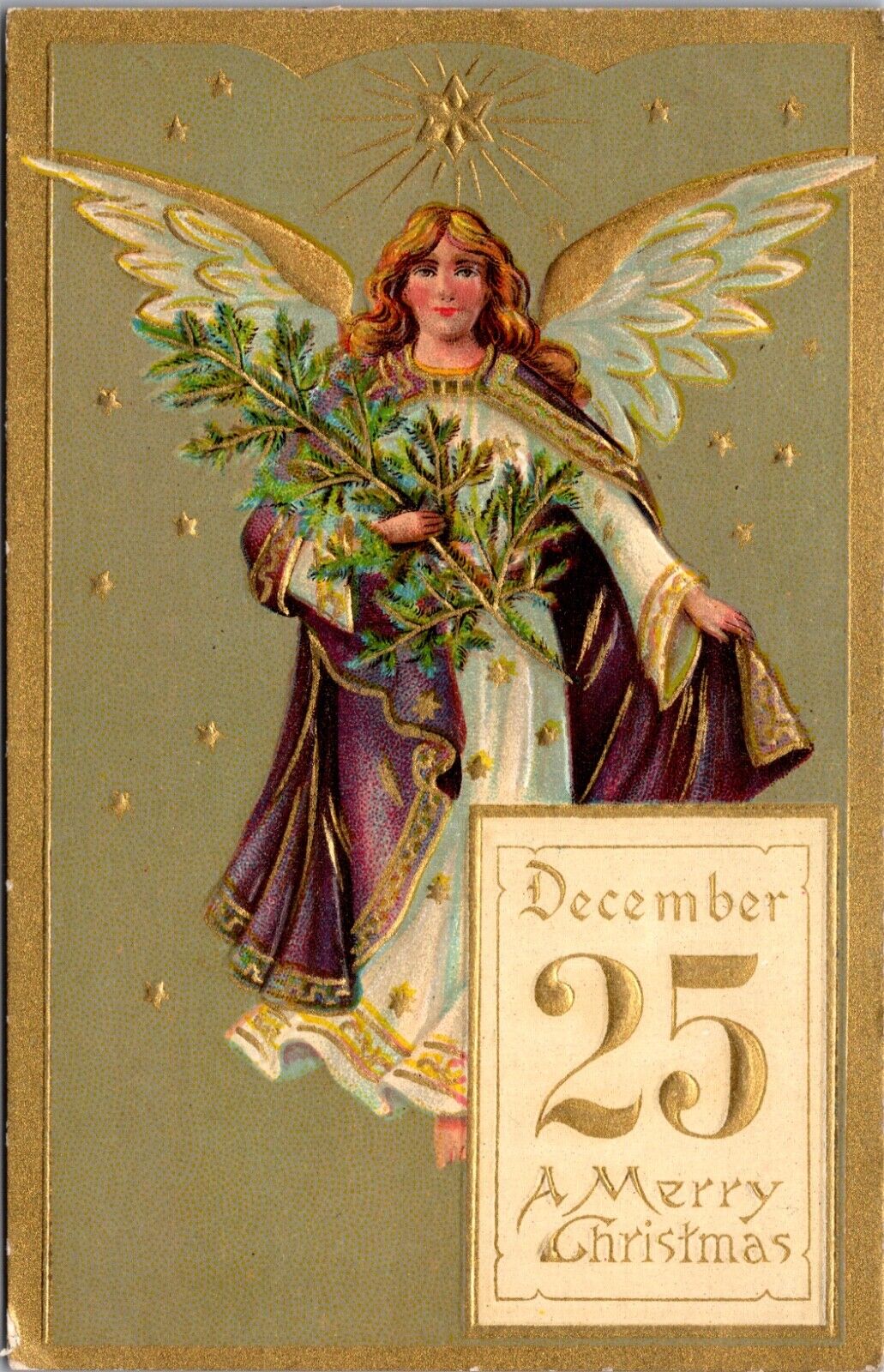 Christmas Postcard Angel Flying Holding Pine Tree Branch Gold Star