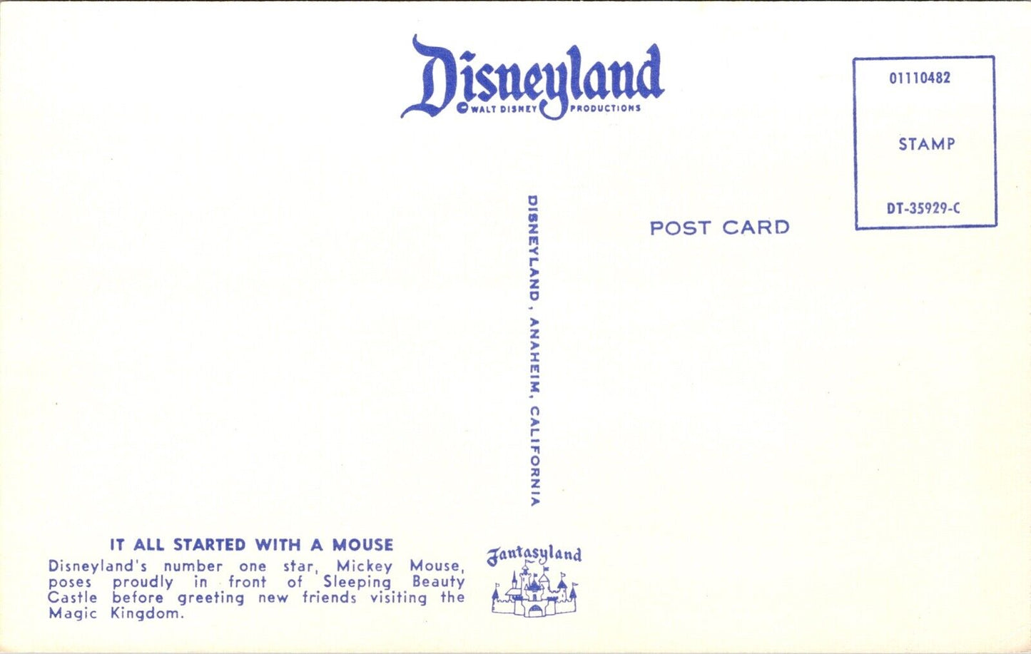 Disneyland Postcard Mickey Mouse in front of Sleeping Beauty's Castle~4221