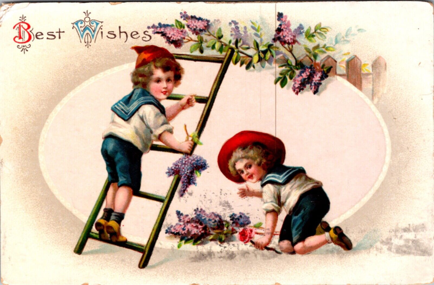 Best Wishes Postcard Sailor Dressed Boys with a Ladder Picking Flowers