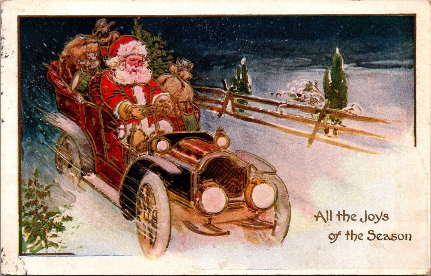 Christmas Postcard Santa Claus Driving Automobile Through Snow Filled with Toys