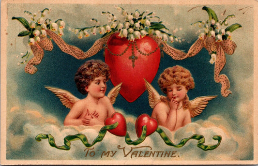 Valentine Postcard Cupid Cherubs in Clouds Hearts Flowers Ribbons