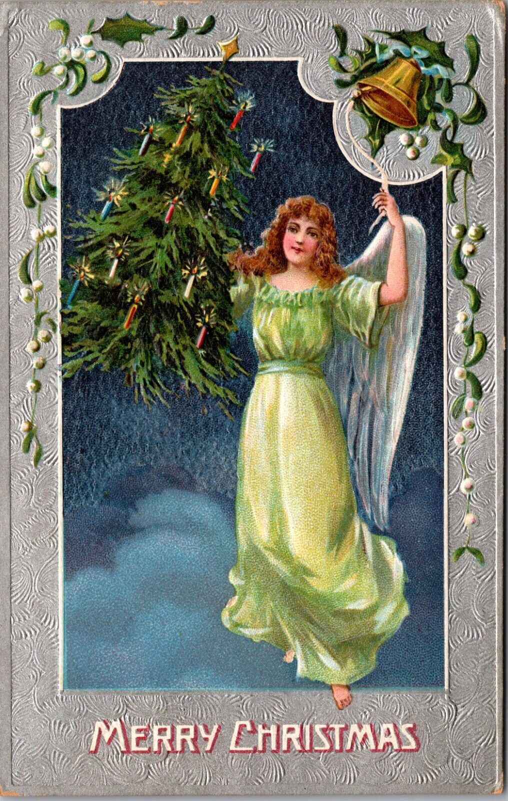 Christmas PC Angel Flying in Sky with Candlelit Tree Ringing Gold Bell Mistletoe