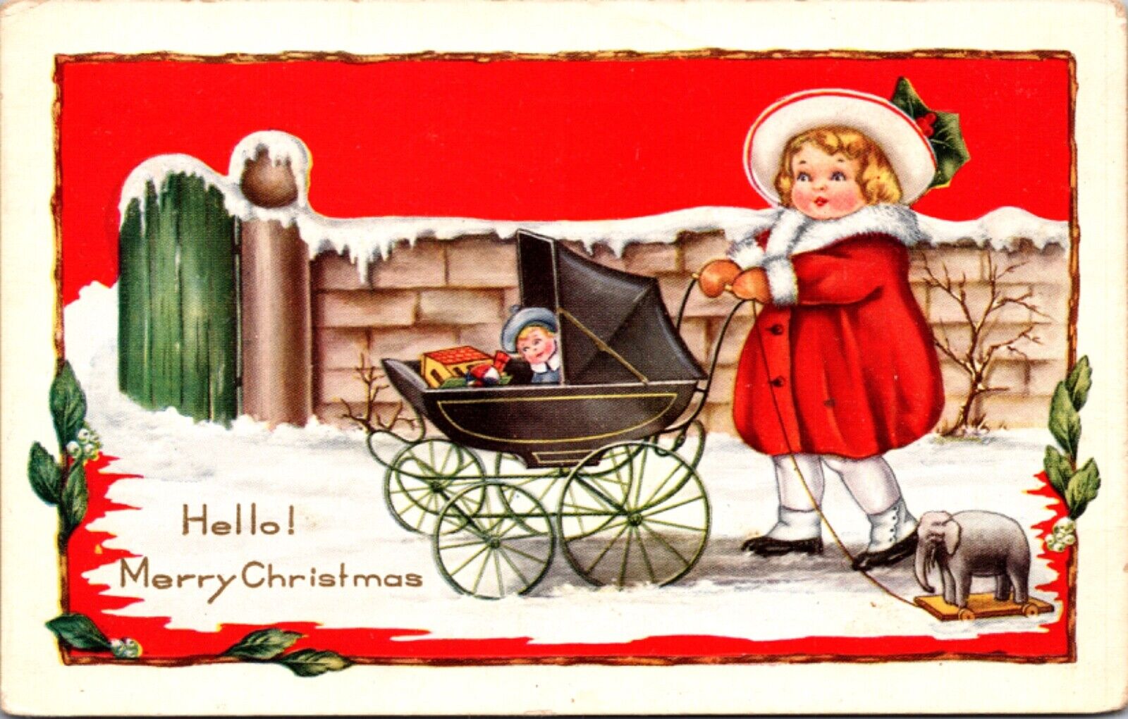 Christmas Postcard Little Girl Pushing Stroller Baby Carriage Filled with Toys