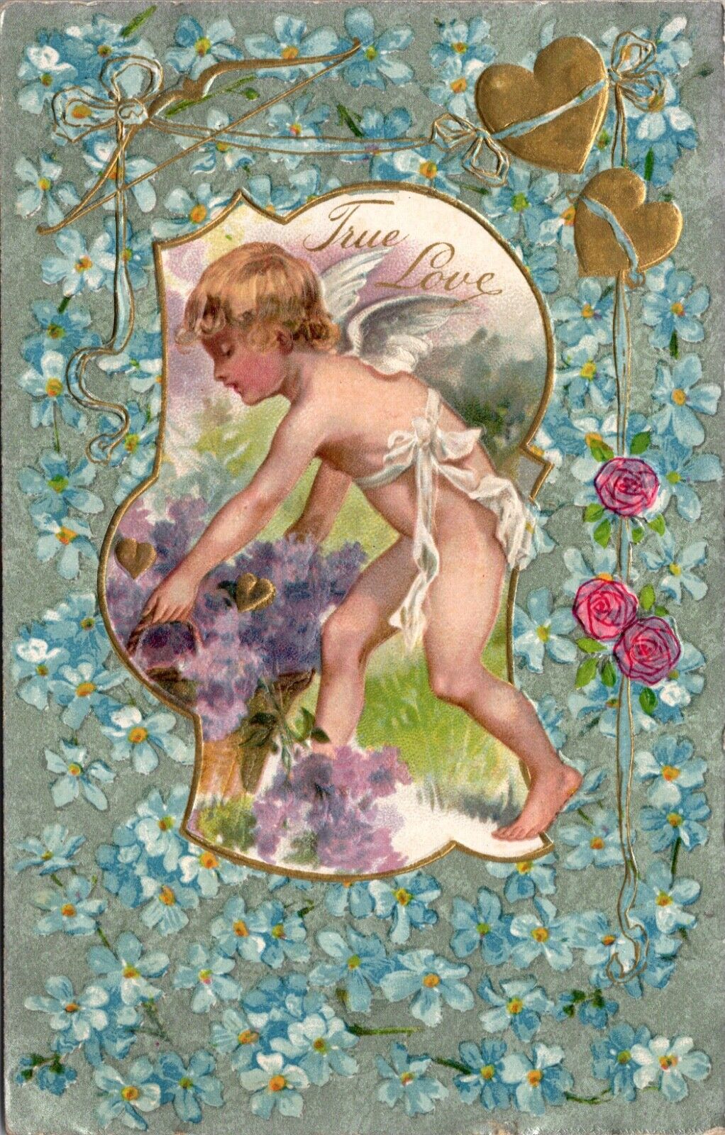 Valentine's Day PC Gold Hearts Pink Roses Forget-Me-Not Flowers Cupid Cherub