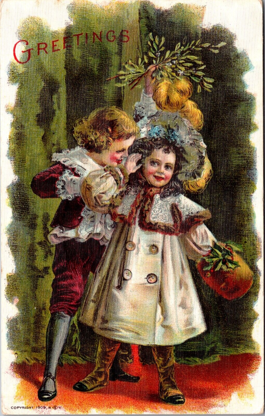 1909 Christmas Postcard Boy and Girl with Mistletoe and Holly